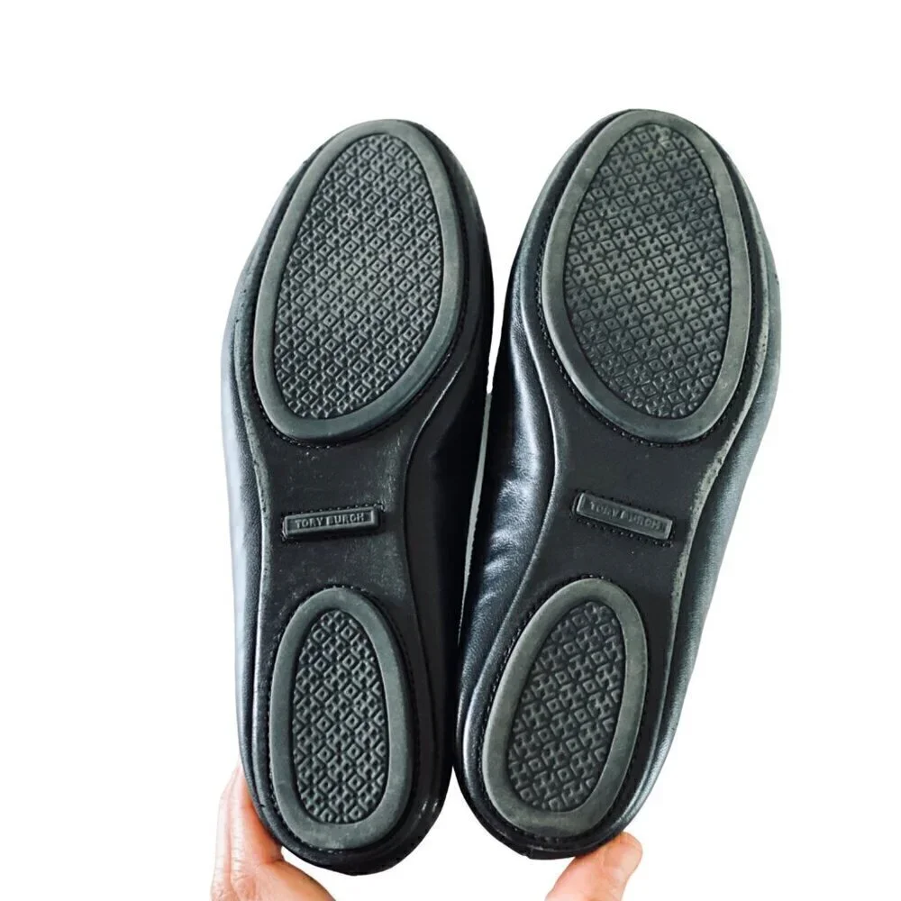 Tory Burch Minnie Travel Ballet Flats 6.5 Black Napa Leather Logo Shoes‎